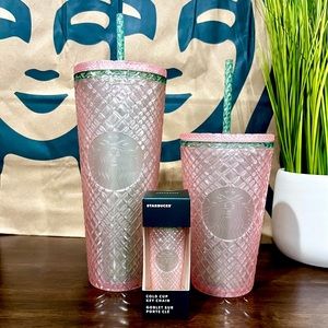 🎁Starbucks {SET} 2023 Pearl Pink Green Jeweled Tumblers and Keychain
